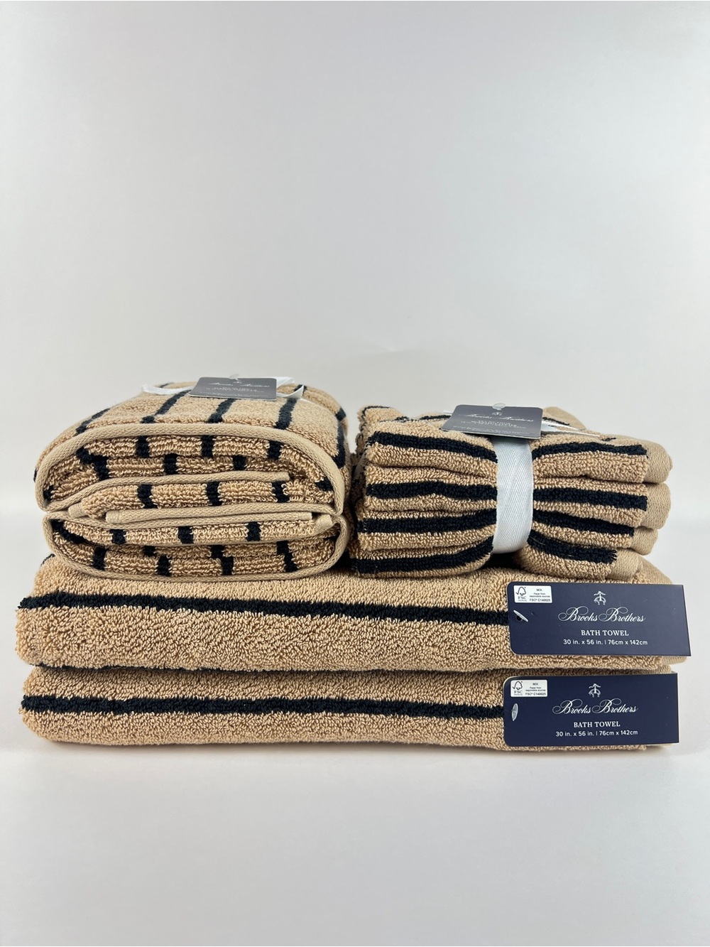 Brooks Brothers Bath Towel Set 8 Pc Beige & Black Stripe Soft 100% Cotton NEW